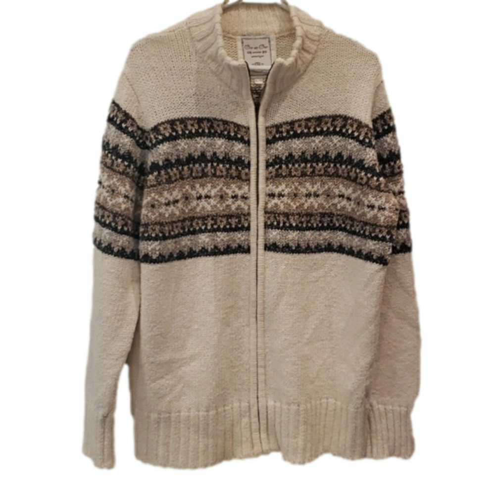ONE ON ONE Cardigan Knit Nordic Grandma Sweater Knit Full Zip Off White Br